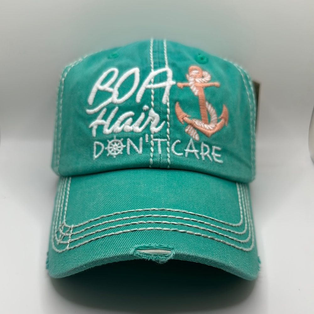“Boat Hair Don't Care” Teal Distressed Ball Cap